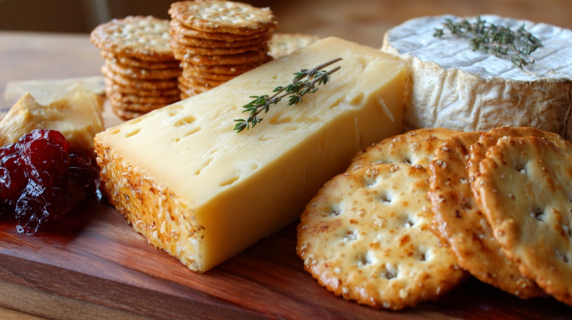 A close-up of a cheese and cracker board featuring sliced semi-hard cheese topped with herbs, a round of soft rind cheese, stacked crackers, and a dollop of red fruit jam