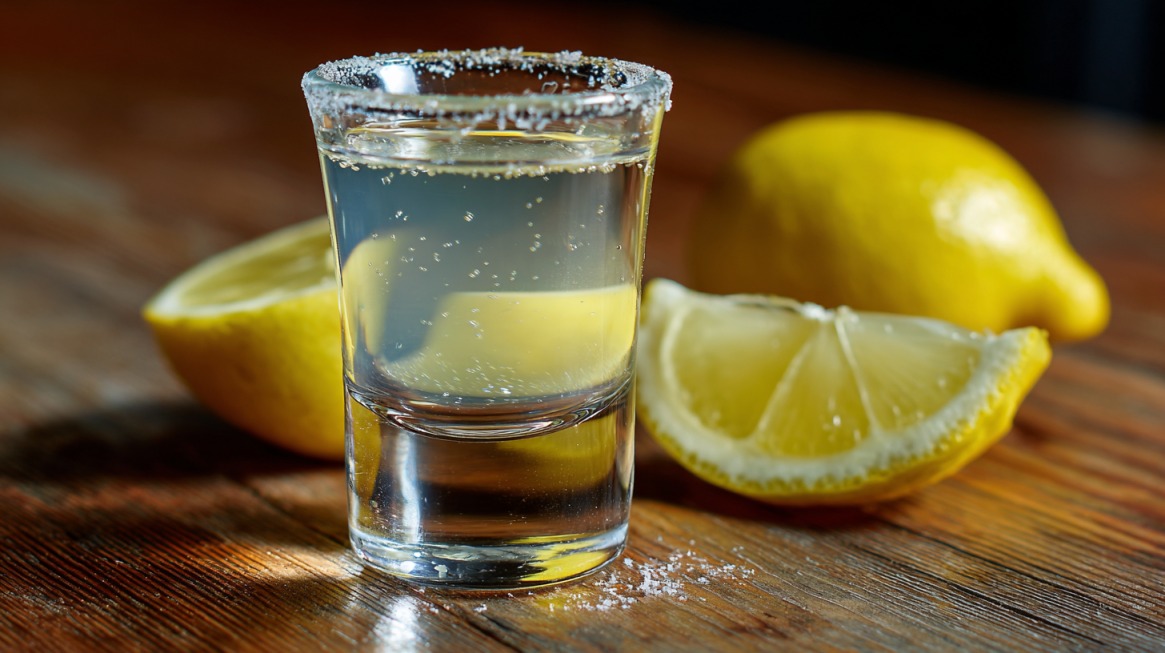 A clear cocktail shot in a sugar-rimmed glass on a wooden surface, with sliced lemons in the background