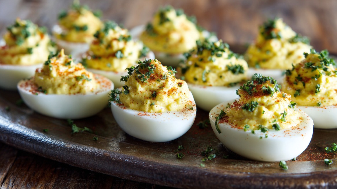 Traditional deviled eggs made with smooth seasoned yolk, lightly dusted with paprika and fresh herbs for a refined, timeless appetizer