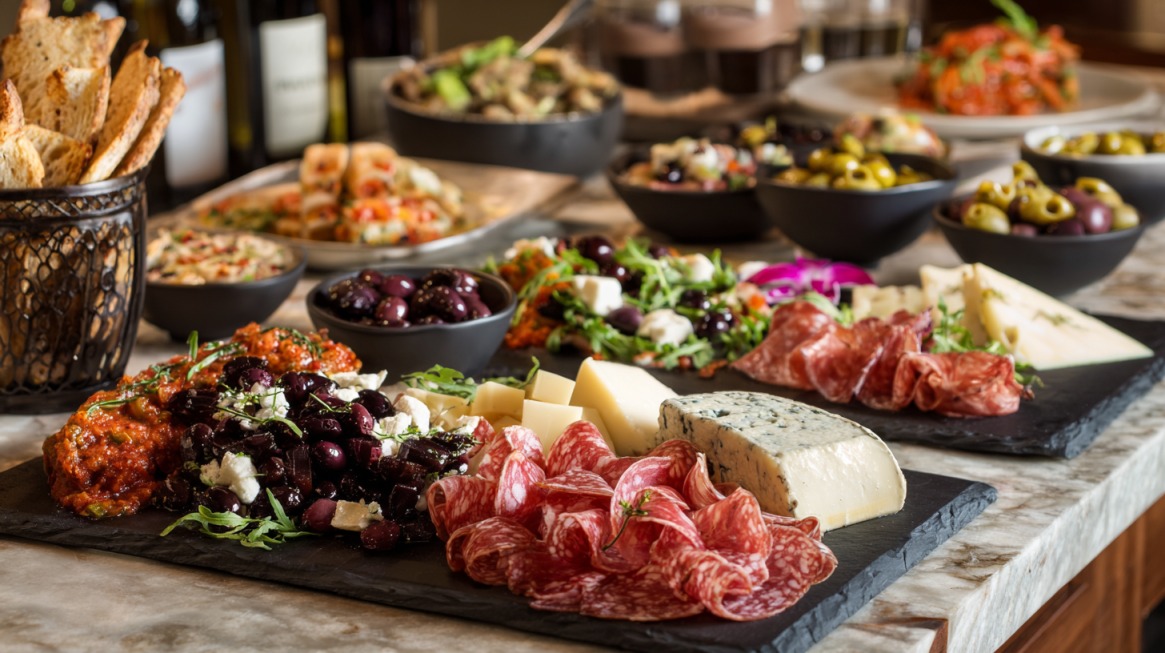 A large antipasto spread featuring assorted cured meats, cheeses, olives, marinated vegetables, and bread crisps arranged on slate boards and surrounded by bowls of Italian appetizers