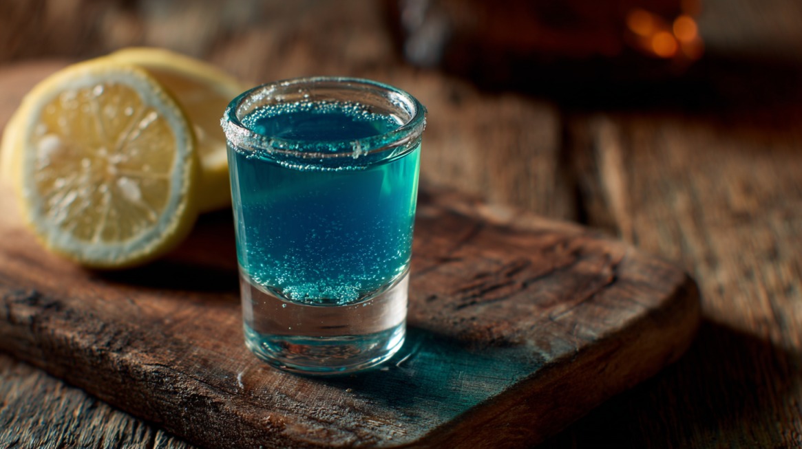 A small glass filled with a blue cocktail shot, rimmed with sugar, sitting on a rustic wooden board next to sliced lemons