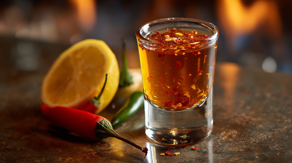 A shot glass filled with a golden spicy liquid containing red pepper flakes, placed beside a halved lemon and fresh chili peppers on a reflective surface