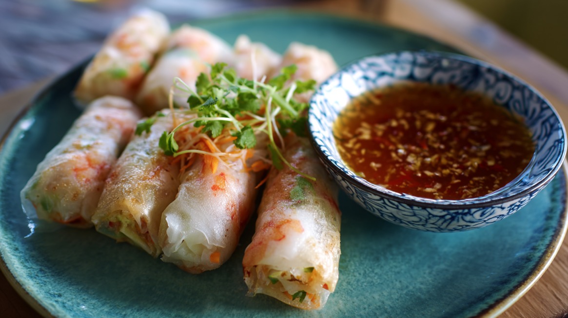Plate of spring rolls with dipping sauce
