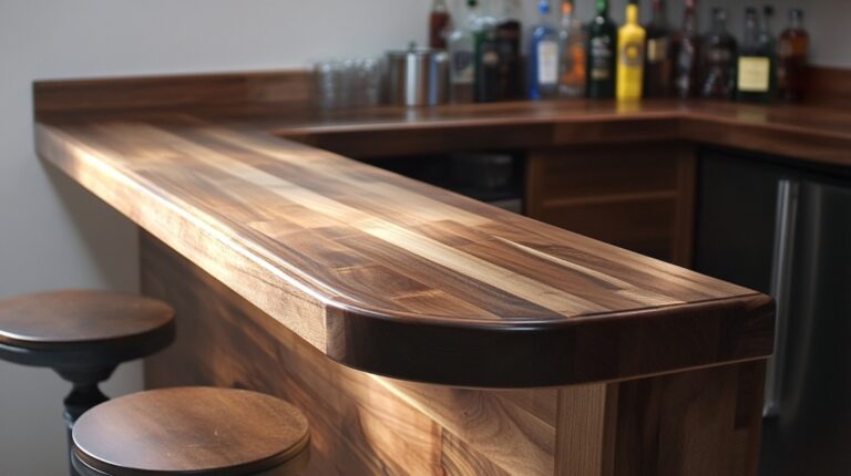 Modern wooden home bar with stools and a variety of liquor bottles on the counter