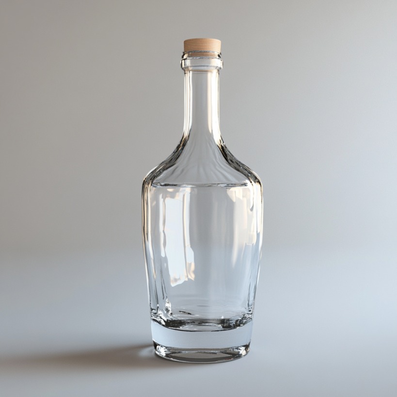 Transparent glass vodka bottle with a wooden cap on a neutral background
