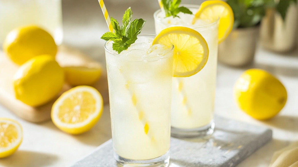 Two refreshing lemon spritzer cocktails garnished with lemon slices and mint, served in tall glasses with striped straws on a bright countertop