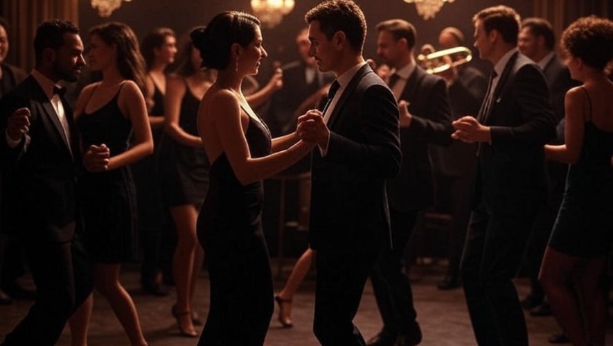 Elegantly dressed people are dancing to jazz music