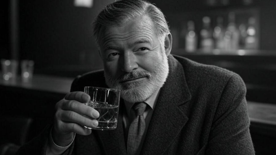 Black and white photo of Ernest Hemingway drinking whiskey