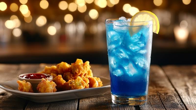 Blue Lagoon cocktail paired with Jalapeño Bites