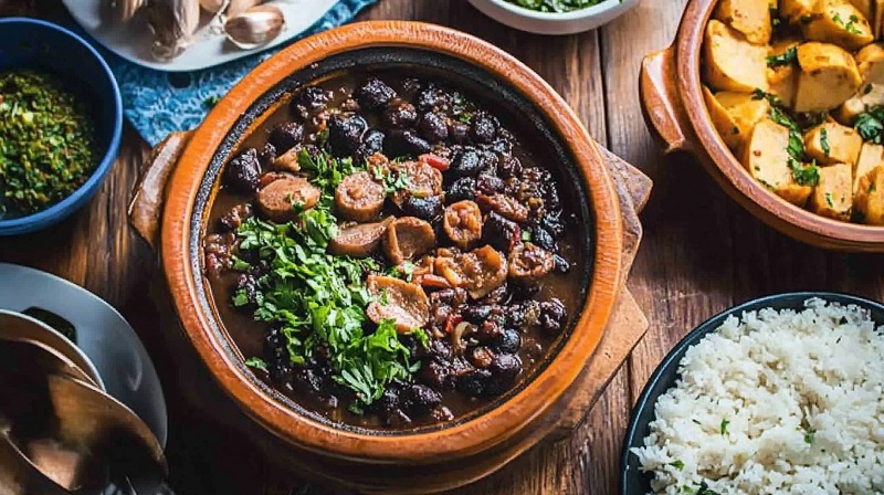 Traditional Brazilian feijoada served in a clay pot with rice, farofa, and yuca on a rustic wooden table