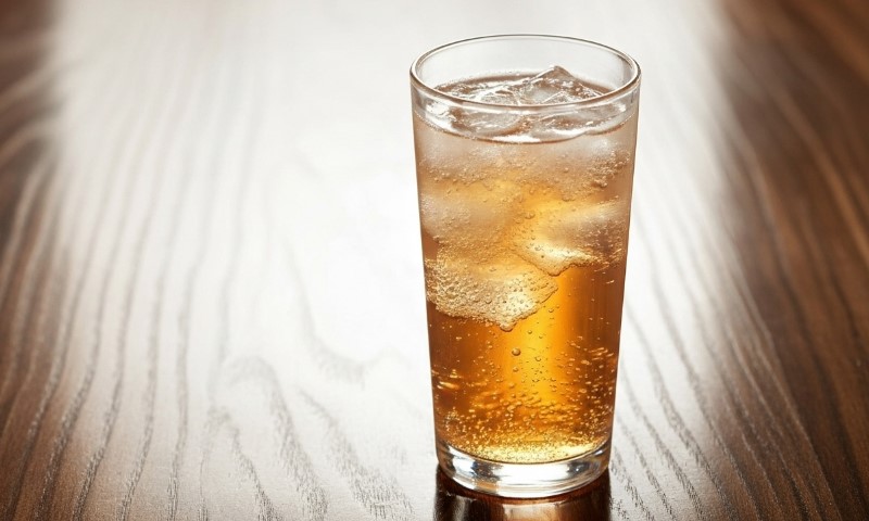 Mizuwari drink in a glass on a wooden surface