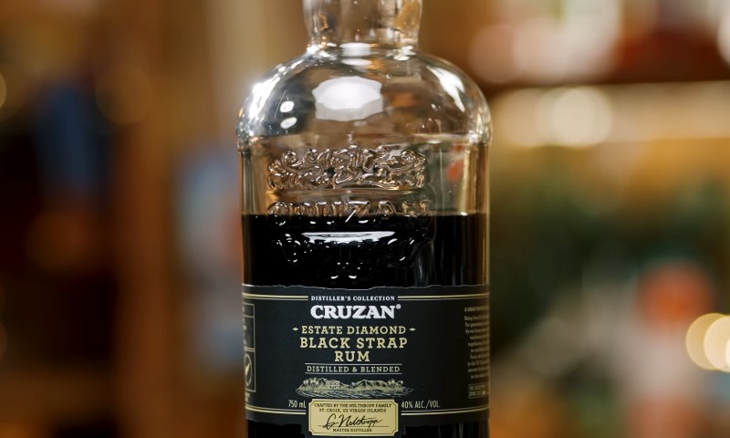 Cruzan bkacstrap rum bottle, close up view