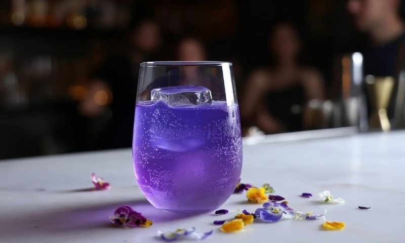 A vibrant purple drink with ice and edible flowers sits on a polished bar surface