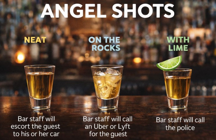 Three shot glasses on a bar counter under the title "Angel Shots."