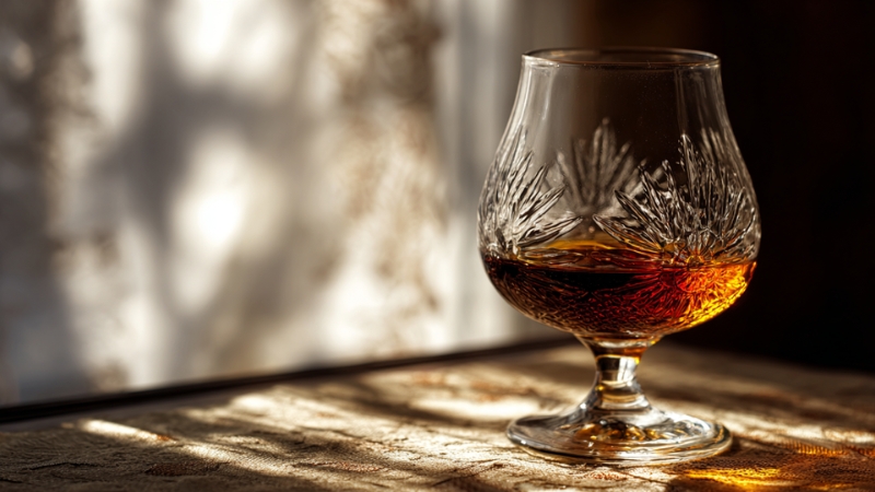 Brandy served neat in a tulip-style glass at room temperature