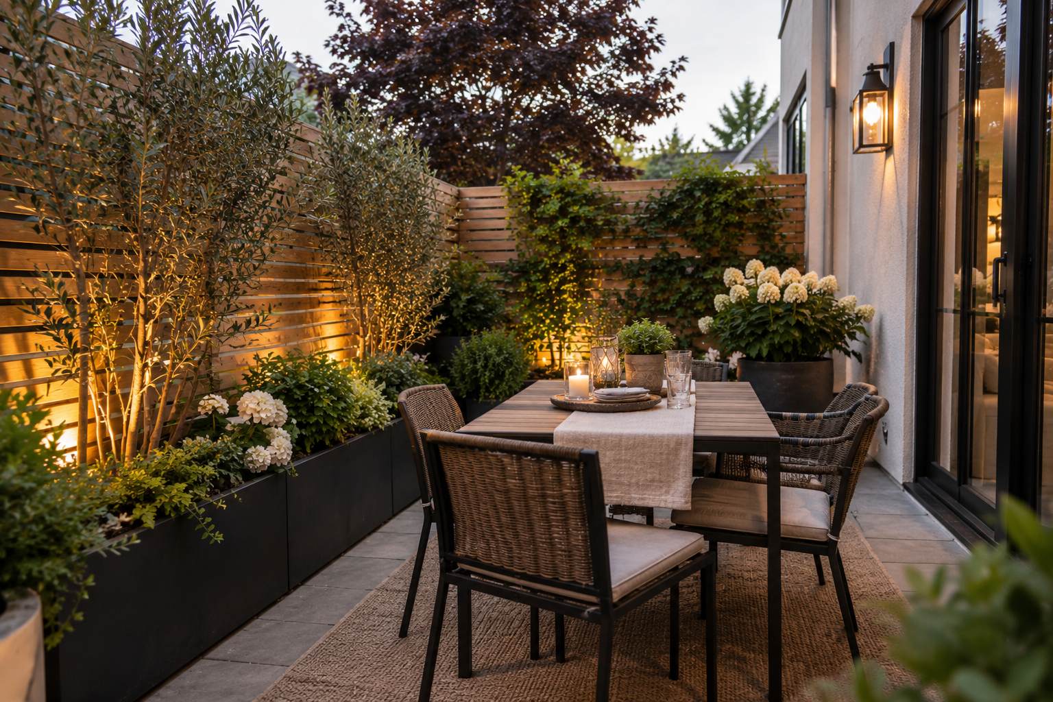 Small patio dining area with wooden privacy screens, greenery and soft evening lighting.