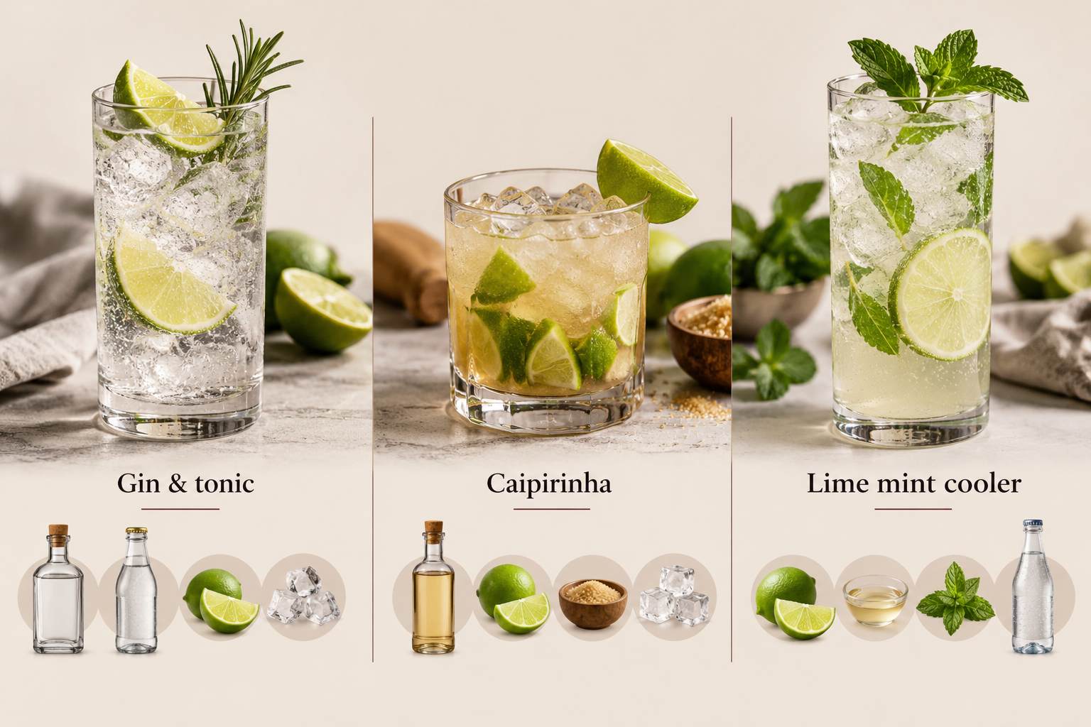 Infographic showing gin and tonic, caipirinha and a nonalcoholic lime mint cooler with their ingredients