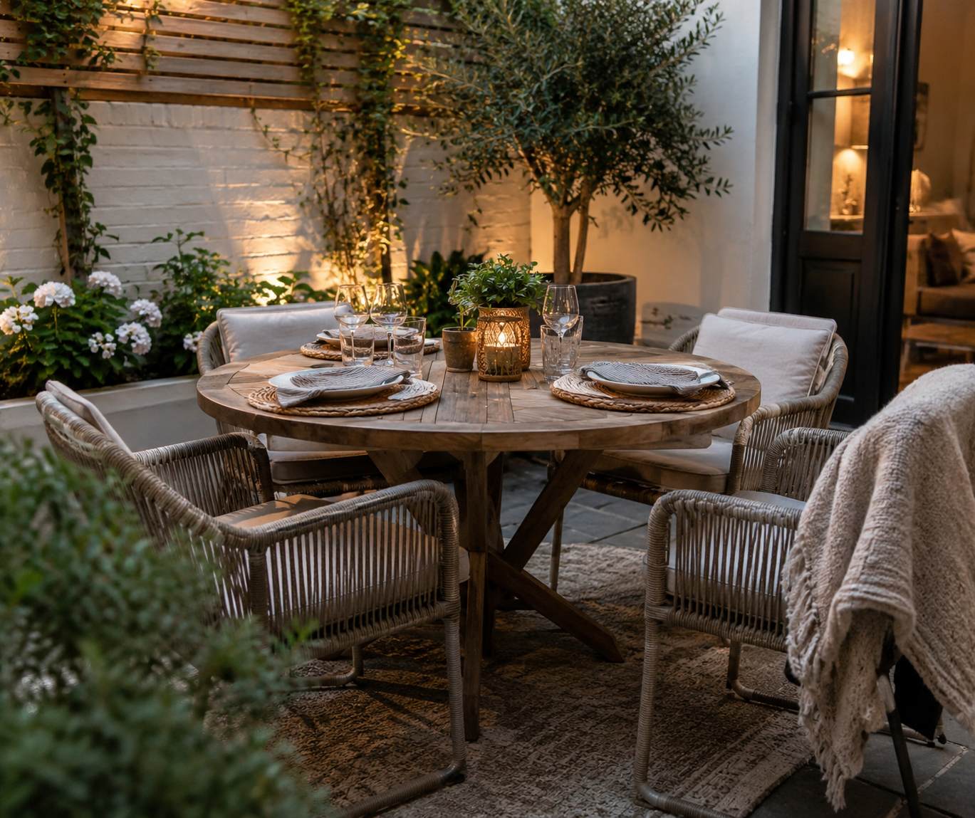 Round wooden dining table with four wicker chairs on a small outdoor patio.