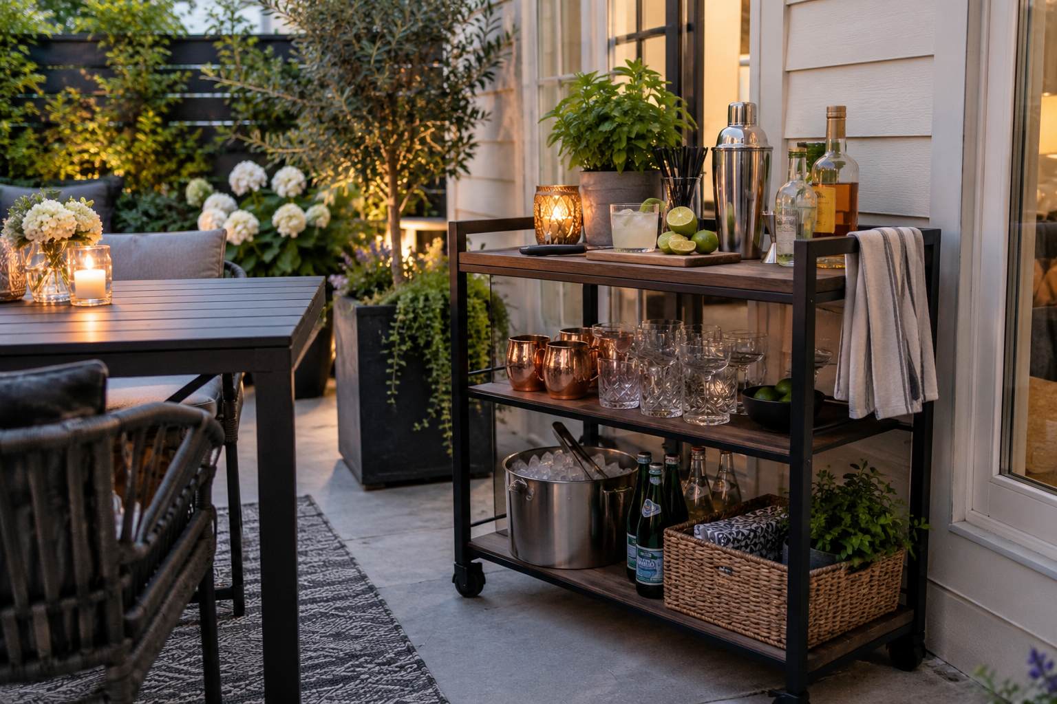 Compact outdoor cocktail cart with glasses, shaker, ice bucket and drink ingredients on a small patio.