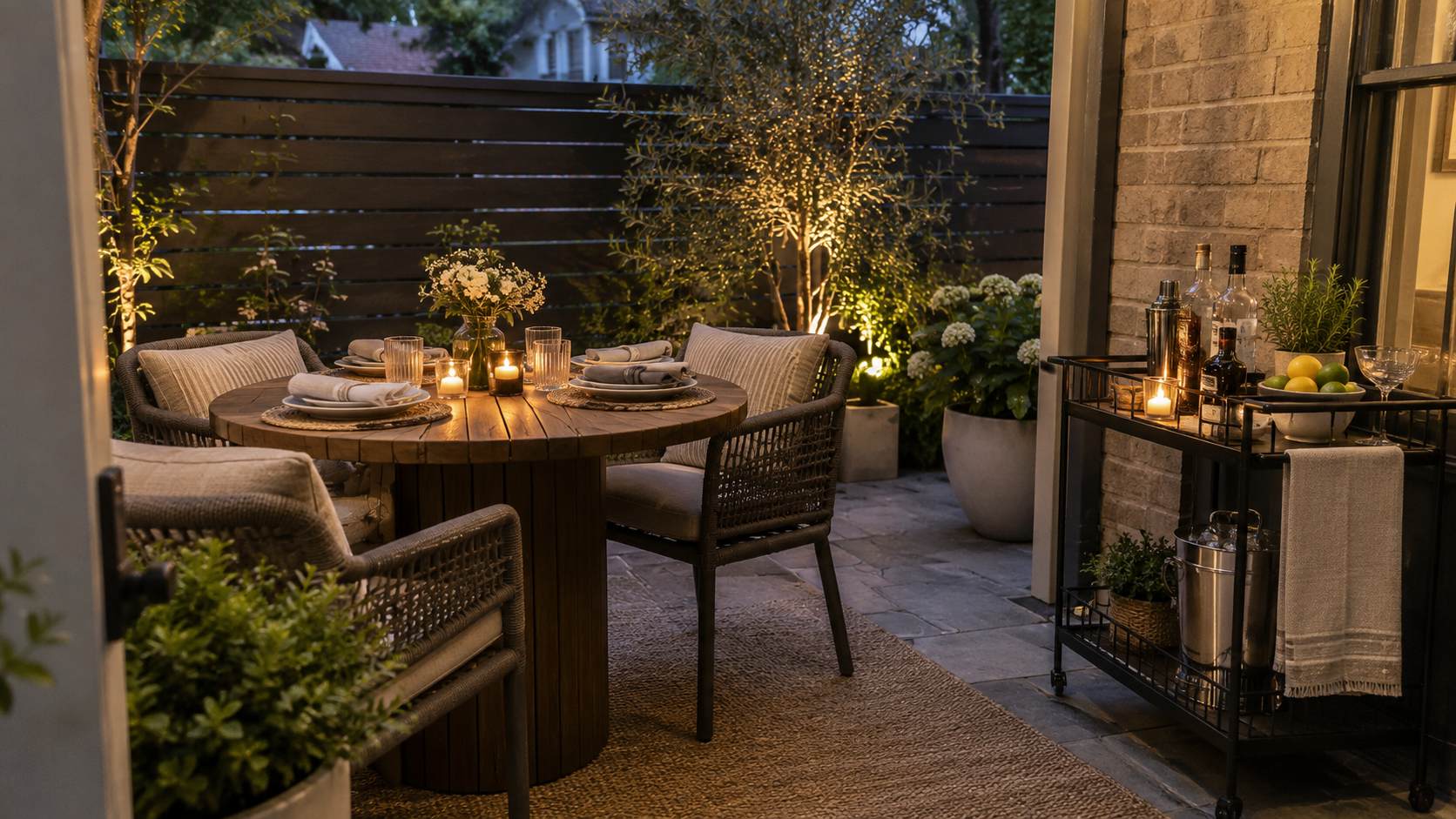 Small outdoor patio with a dining table, cocktail cart and warm evening lighting.